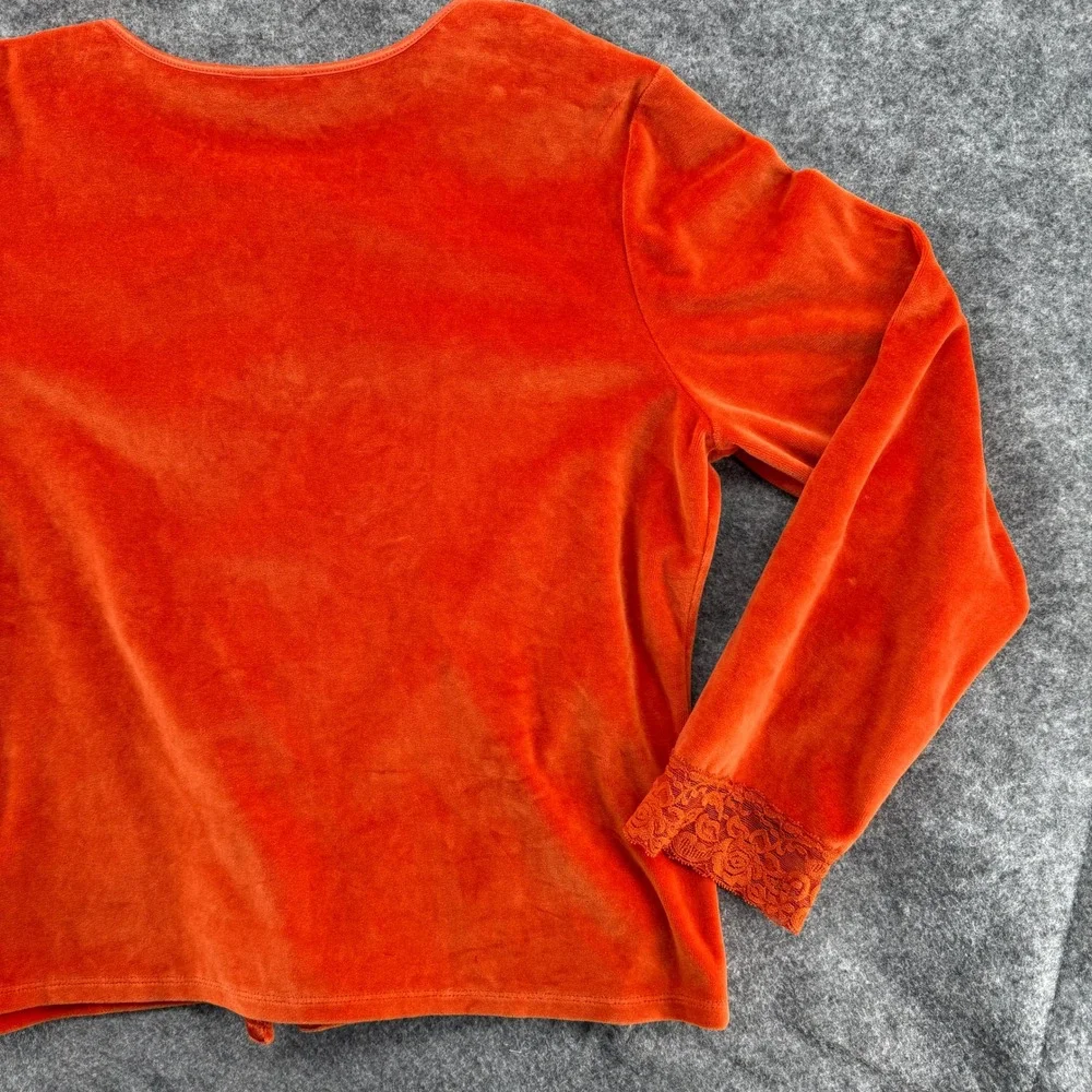 J. Jill Velour Cardigan Womens Large Orange Lace Velvet Trim Button Front Cotton - Picture 9 of 16